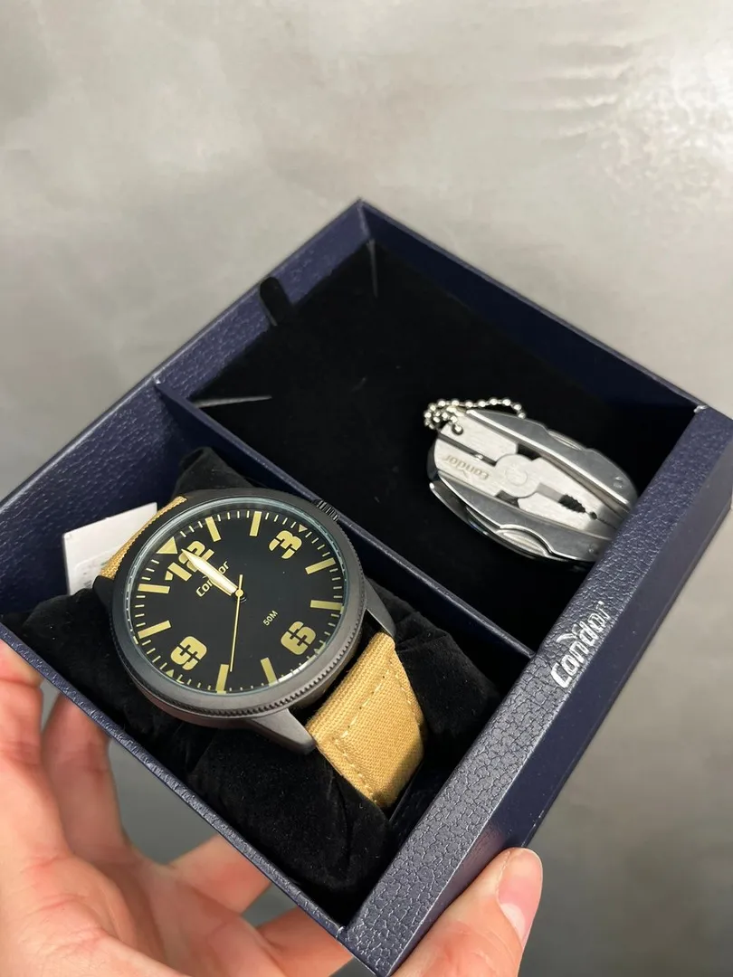 RELÓGIO CONDOR MASCULINO PRETO COM INTERIOR PRETO E BEGE PULSEIRA EM TECIDO BEGE-BRINDE MINI PORTA FERRAMENTAS PORTATIL CO2035NCFK5X   - BRINDE CANIVETE MO2115BP4P- COR PRETA