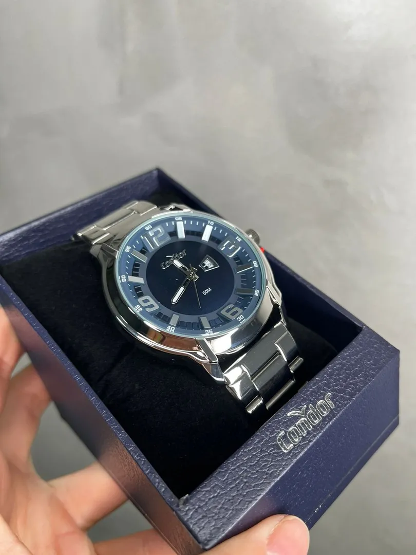 RELÓGIO CONDOR MASCULINO PRATA COM INTERIOR AZUL E DATA E PULSEIRA EM AÇO -CO2015AB4A - COR PRATA