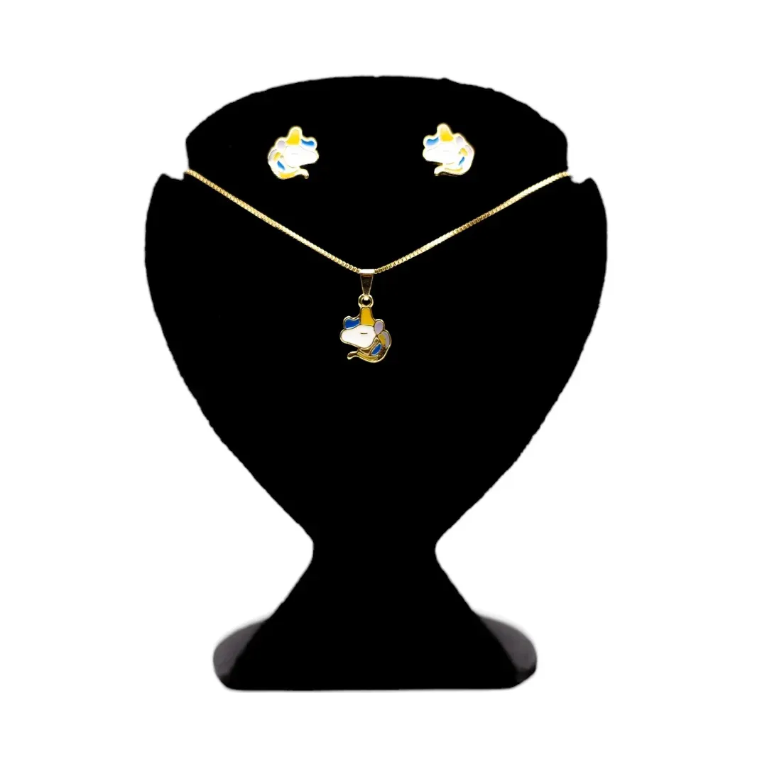 CONJUNTO INFANTIL BRINCO E CORRENTE 40CM UNICÓRNIO RESINADO - BANHADO A OURO 18K