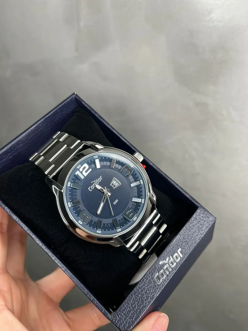 RELÓGIO CONDOR MASCULINO PRATA COM INTERIOR AZUL E DATA E PULSEIRA EM AÇO -CO2015AB4A - COR PRATA