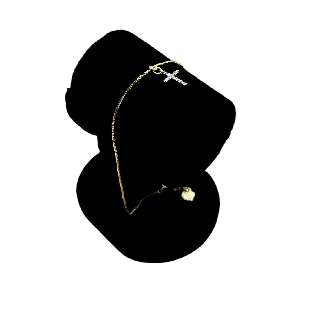 TORNOZELEIRA VENEZIANA COM CRUZ CRAVEJADA CRISTAL E EXTENSOR - BANHADO A OURO 18K