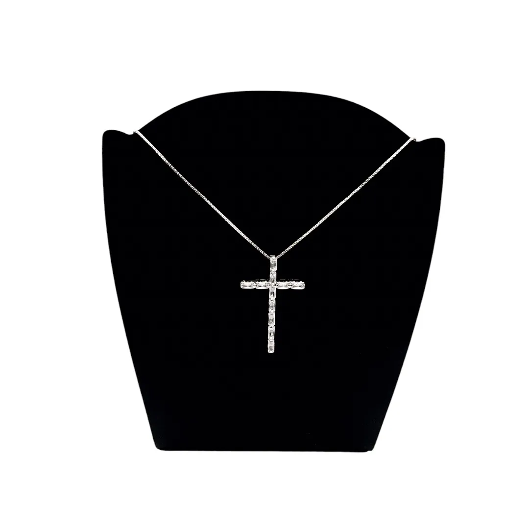 CORRENTE VENEZIANA CRUCIFIXO COM NAVETES CRISTAL 45CM - BANHADO A RÓDIO BRANCO