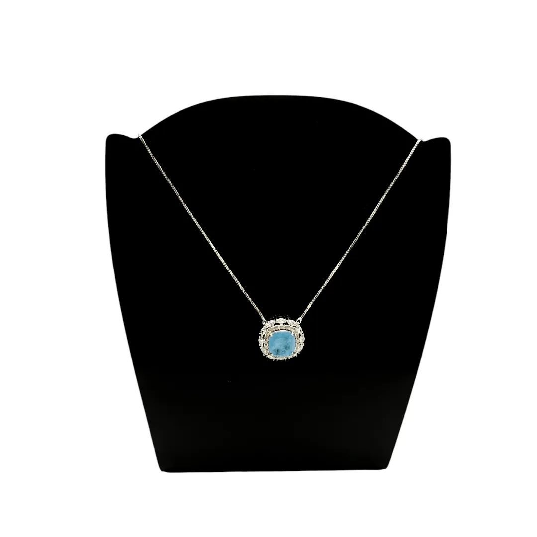 CORRENTE VENEZIANA PINGENTE QUADRADO PEDRA FUSION VERDE AGUA COM ZIRCONIA CRISTAL COM EXTENSOR- BANHADO A RÓDIO BRANCO