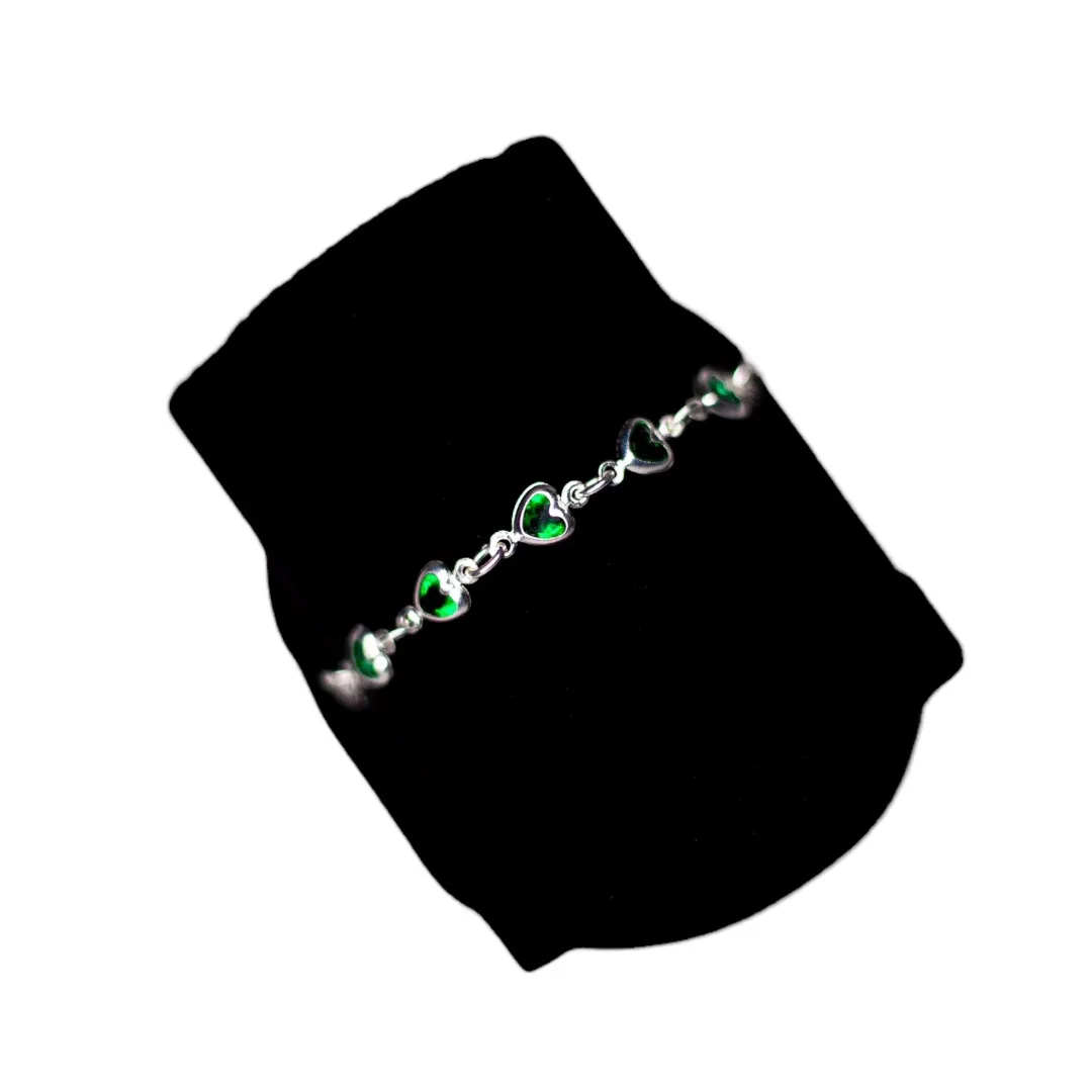 PULSEIRA ELO CARTHIE FINO COM PONTO DE LUZ CORAÇÃO VERDE  -PRATA 925