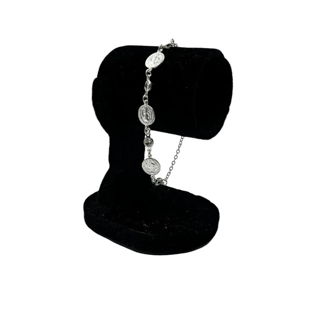 PULSEIRA ELO GRUMET FINO COM MEDALHA SÃO BENTO E ZIRCONIA CRISTAL  -PRATA 925