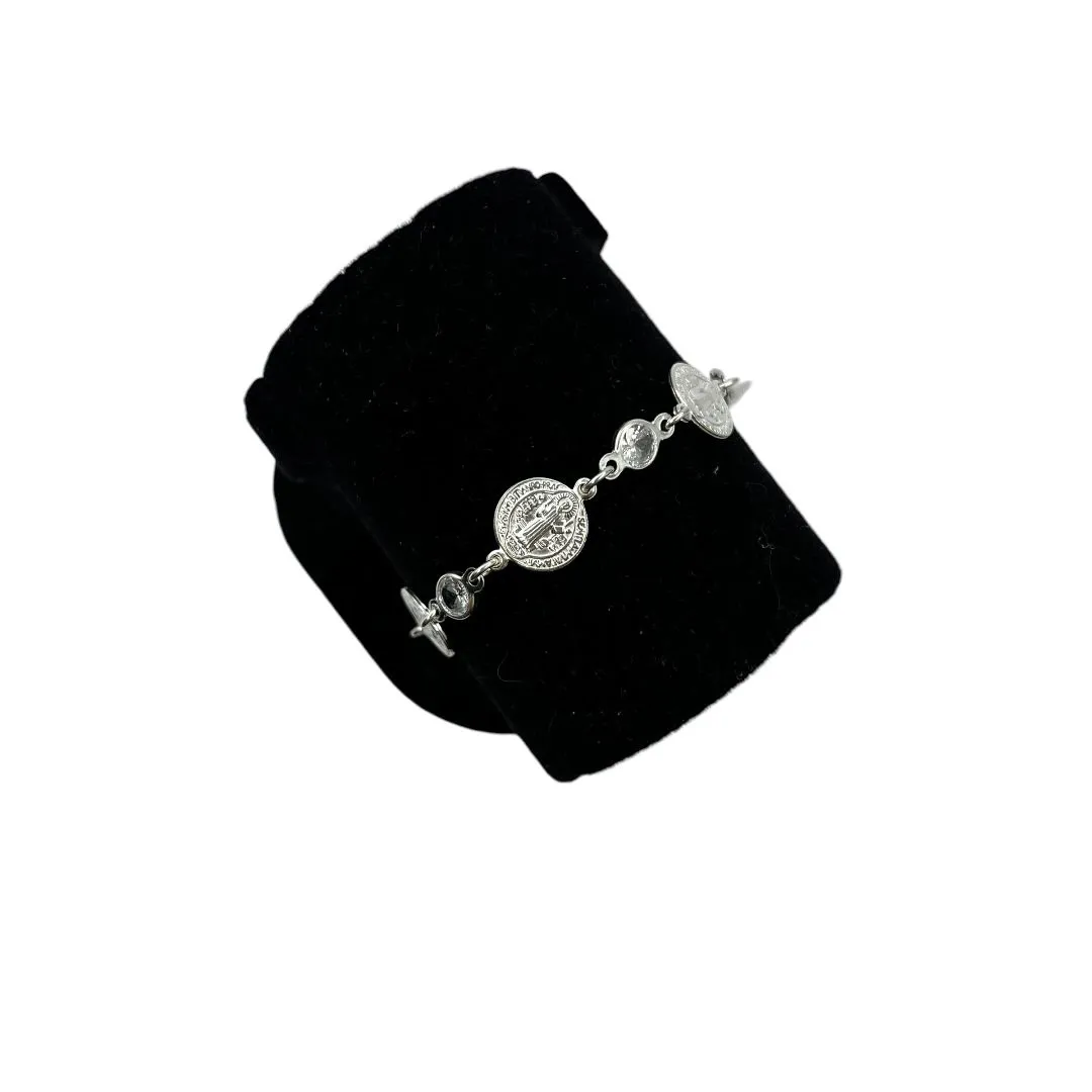 PULSEIRA ELO GRUMET FINO COM MEDALHA SÃO BENTO E ZIRCONIA CRISTAL  -PRATA 925