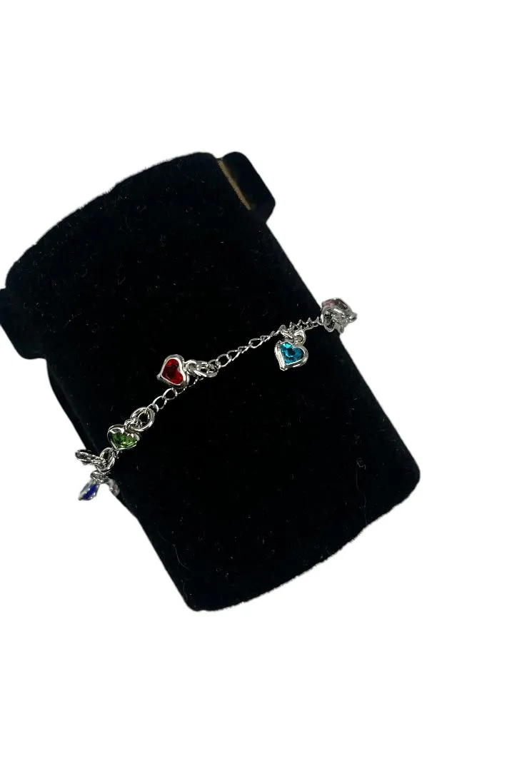 PULSEIRA GRUMET FINO COM CORAÇÕES COLORS E  COM MEDALHAS DE CORAÇÕES LISOS PENDURADO COM EXTENSOR - BANHADO A RÓDIO BRANCO