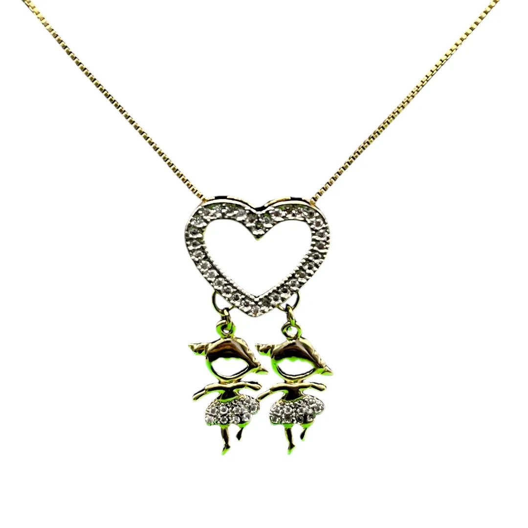 CORRENTE VENEZIANA CORAÇÃO CRAVEJADO COM 2 MENINAS PENDURADO 45CM - BANHADO A OURO 18K