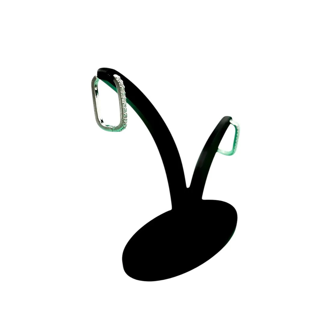 BRINCO ARGOLA QUADRADA CUMPRIDO COM CRAVAÇÃO DE MICRO ZIRCONIA CRISTAL GRANDE - BANHADO A PRATA 925