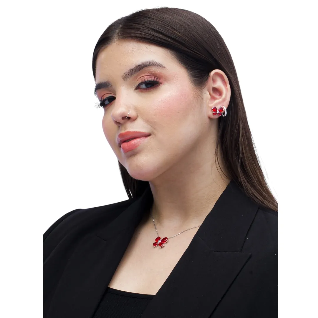 CONJUNTO BORBOLETA COM ZIRCONIA VERMELHA E CRISTAL COM EXTENSOR- BANHADO A RÓDIO BRANCO