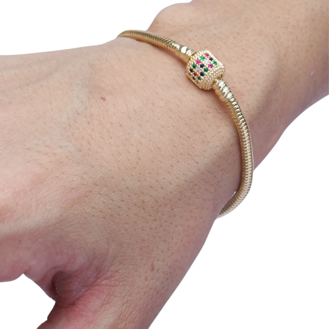 PULSEIRA PANDORA FECHO QUADRADO CRAVEJADO ZIRCONIA COLORIDA 18CM- BANHADO A OURO 18K