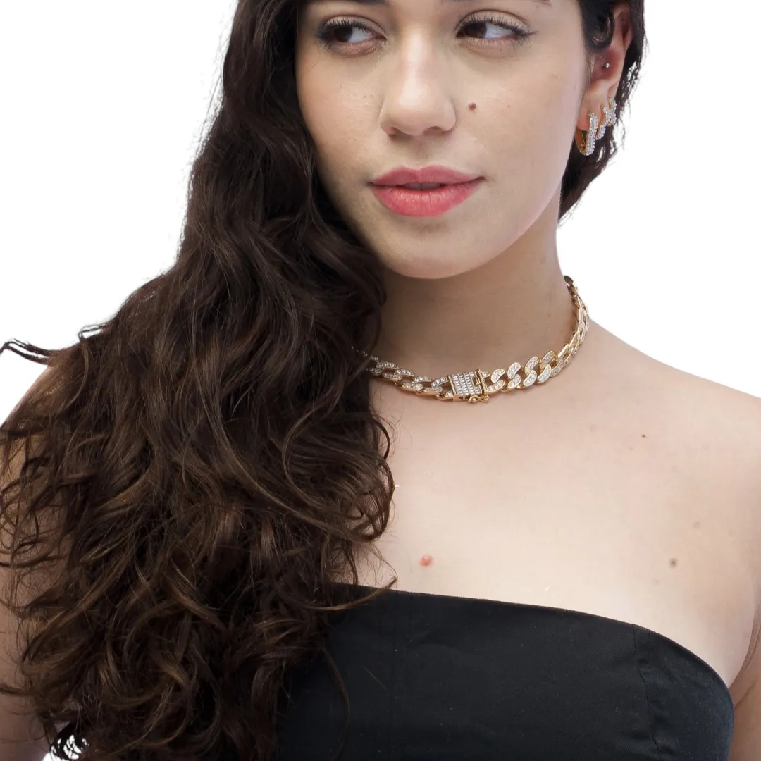CORRENTE GRUMET CRAVEJADA COM ZIRCONIA E NAVETE CRISTAL COM FECHO GAVETA - BANHADO A OURO 18K