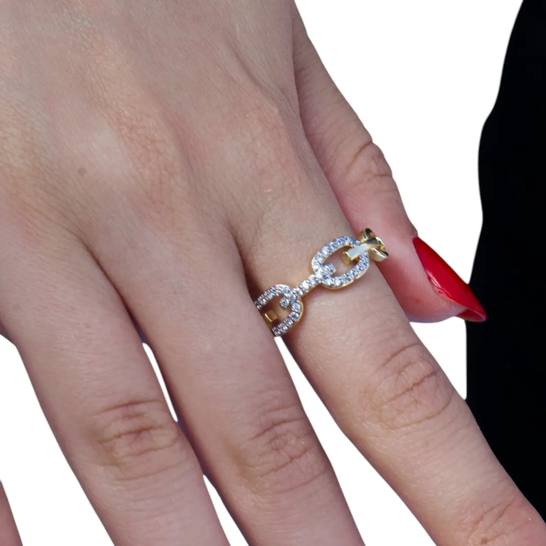 ANEL INSPIRAÇÃO ELO COM MICRO ZIRCONIA CRISTAL E LISO Nº26- BANHADO A OURO 18K