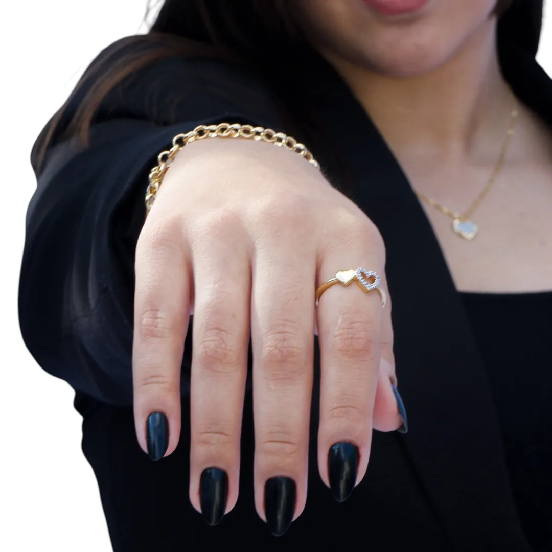 ANEL CORAÇÃO VAZADO COM MICRO ZIRCONIA CRISTAL E CORAÇÃO CHEIO LISO  Nº18- BANHADO A OURO 18K