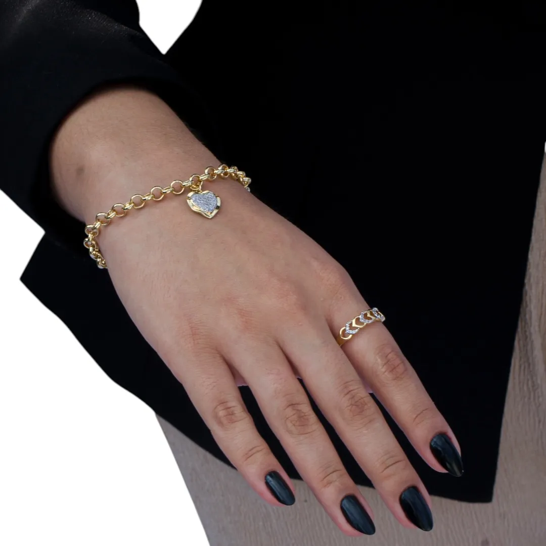 ANEL SEQUENCIA DE CORAÇÃO VAZADO E CORAÇÃO COM MICRO ZIRCONIA CRISTAL Nº 22- BANHADO A OURO 18K
