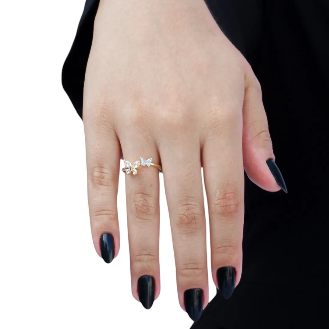 ANEL BORBOLETA DUPLA COM NAVETE E COM MICRO ZIRCONIA CRISTAL Nº 16- BANHADO A OURO 18K