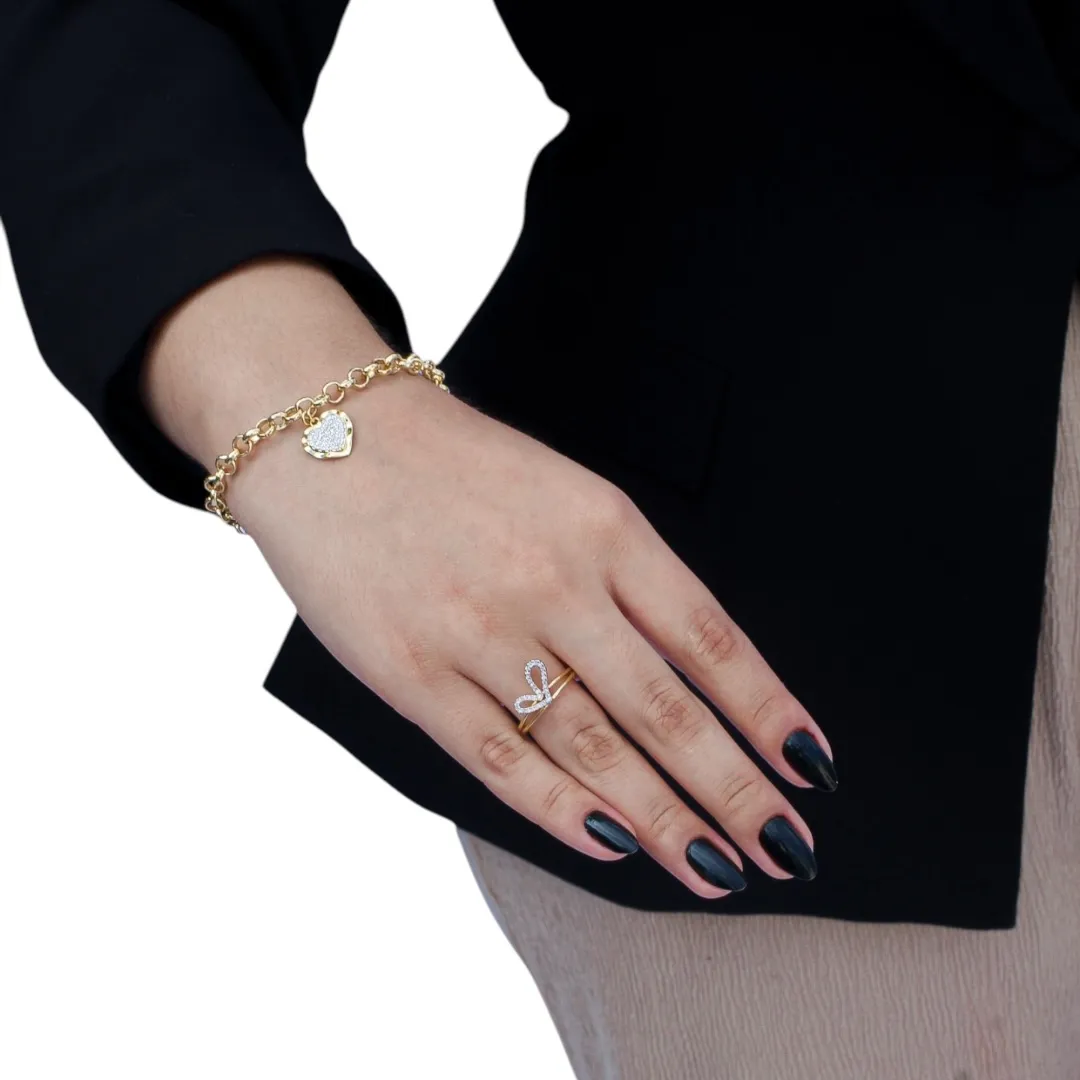 ANEL CORAÇÃO DESCONTRUIDO COM MICRO ZIRCONIA CRISTAL Nº 17- BANHADO A OURO 18K