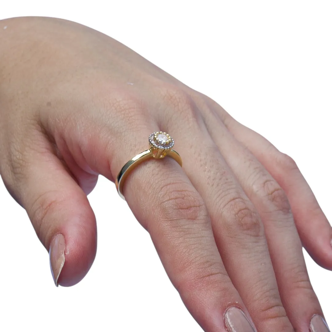 ANEL SOLITARIO COM PONTA E MICRO ZIRCONIA CRISTAL Nº 19- BANHADO A OURO 18K