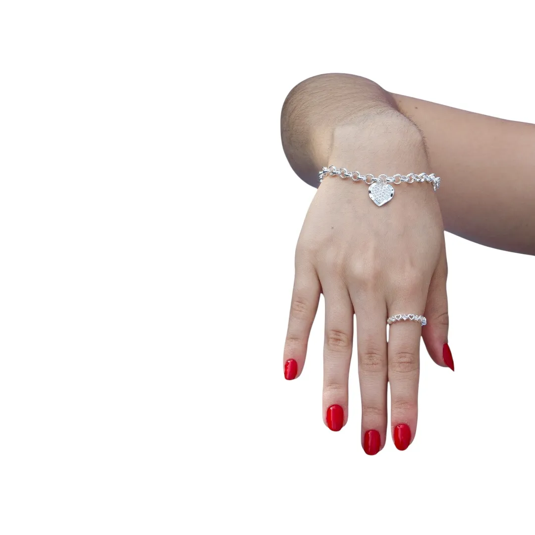 PULSEIRA ELO PORTUGUES MÉDIO COM PINGENTE DE CORAÇÃO CRAVADO COM MICRO ZIRCONIA CRISTAL- BANHADO A PRATA 925