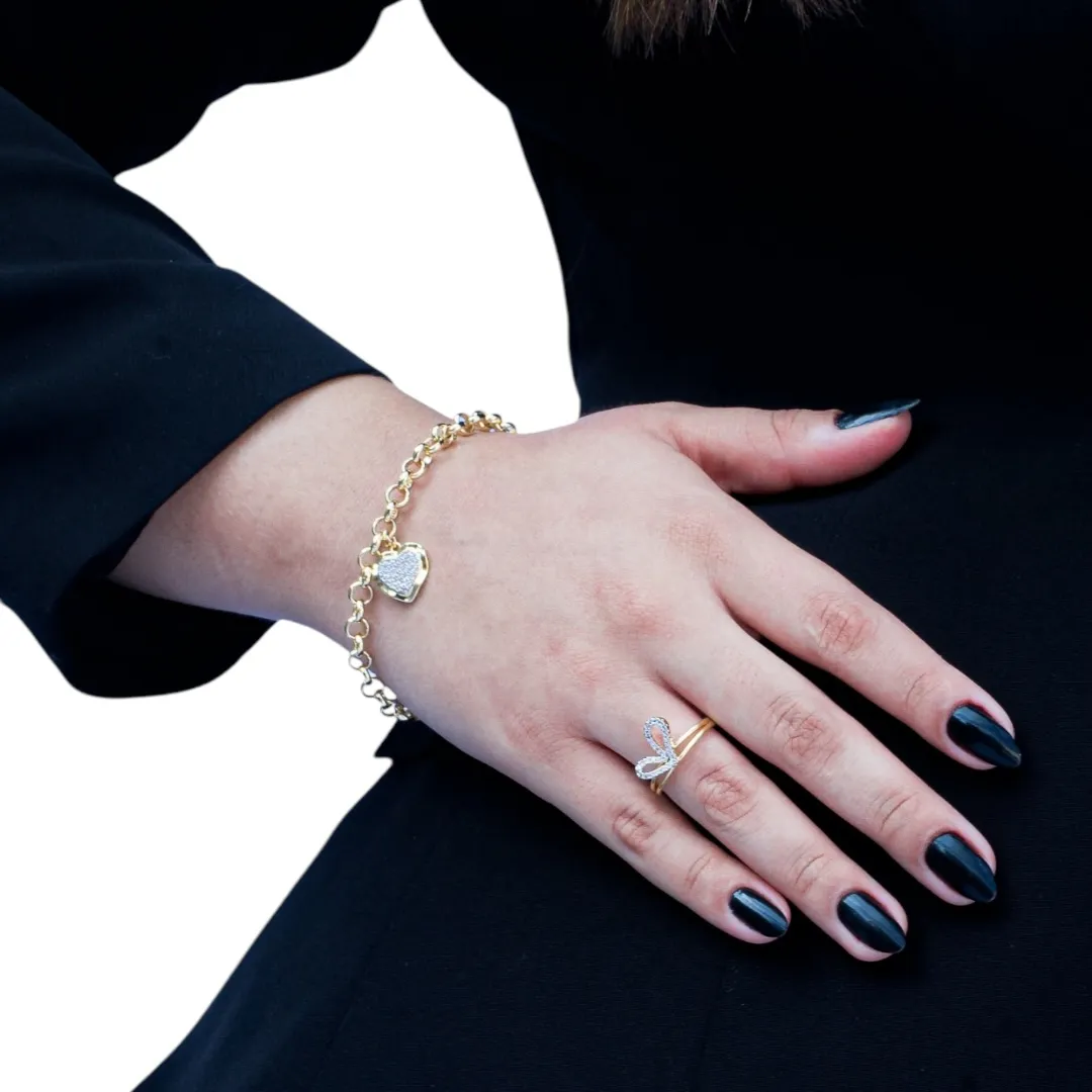 PULSEIRA ELO PORTUGUES MÉDIO COM PINGENTE DE CORAÇÃO CRAVADO COM MICRO ZIRCONIA CRISTAL- BANHADO A OURO 18K