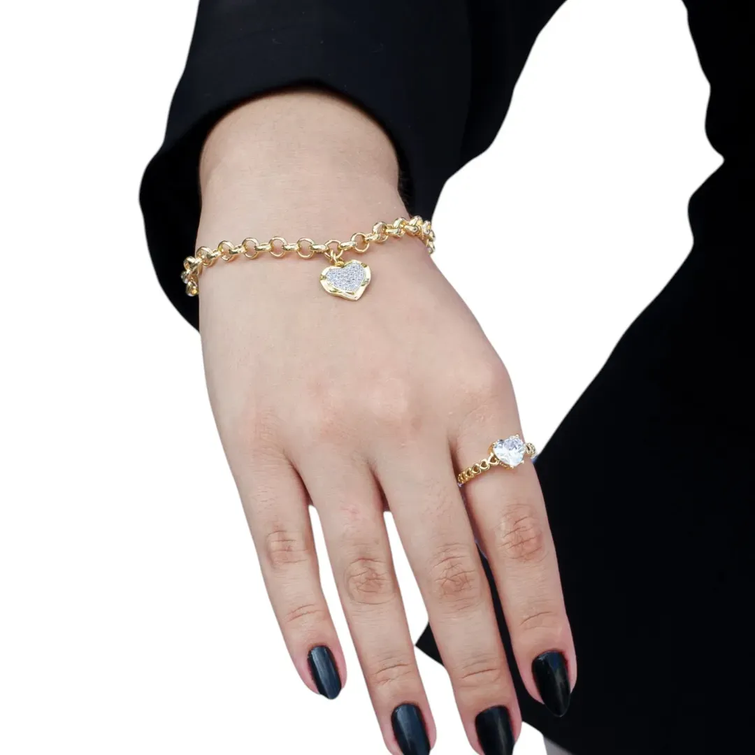 PULSEIRA ELO PORTUGUES MÉDIO COM PINGENTE DE CORAÇÃO CRAVADO COM MICRO ZIRCONIA CRISTAL- BANHADO A OURO 18K