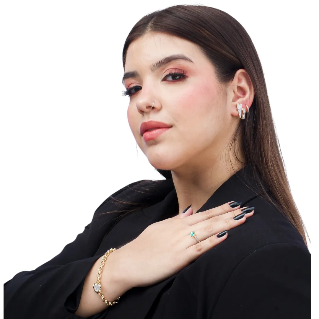 PULSEIRA ELO PORTUGUES MÉDIO COM PINGENTE DE CORAÇÃO CRAVADO COM MICRO ZIRCONIA CRISTAL- BANHADO A OURO 18K