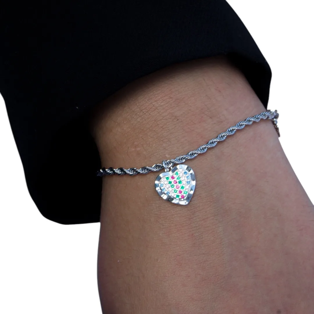 PULSEIRA CORDÃO BAIANO MÉDIO COM PINGENTE DE CORAÇÃO CRAVADO COM MICRO ZIRCONIA COLORIDA- BANHADO A PRATA 925