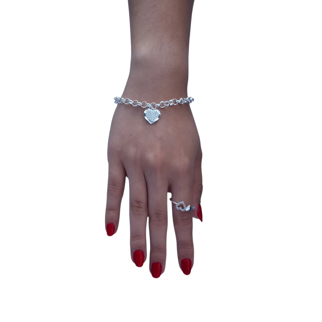 ANEL CORAÇÃO VAZADO COM MICRO ZIRCONIA CRISTAL E CORAÇÃO CHEIO LISO  Nº22- BANHADO A PRATA 925