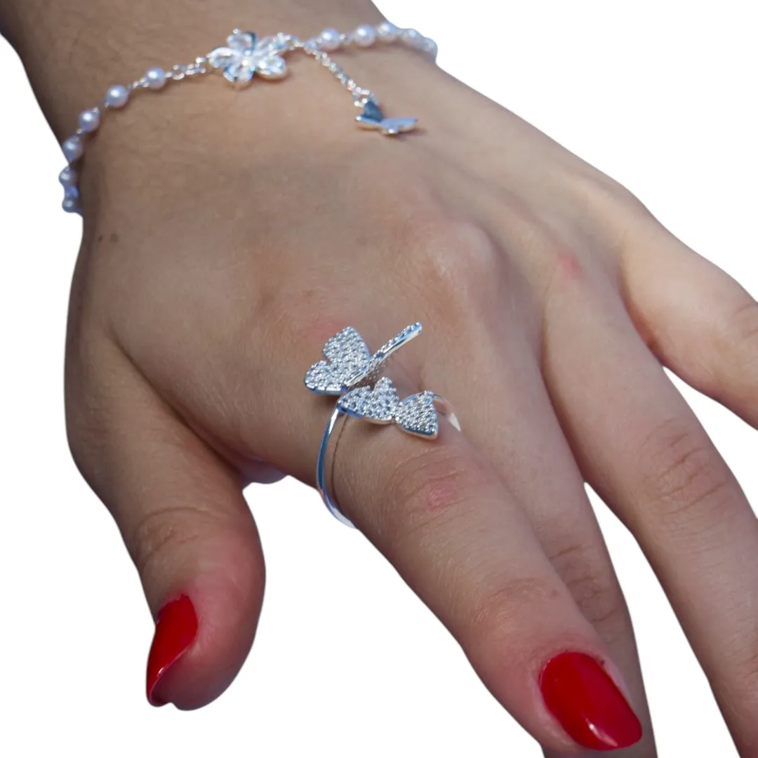 ANEL BORBOLETA DUPLA MÉDIA COM MICRO ZIRCONIA CRISTAL  Nº REGULAVEL- BANHADO A PRATA 925