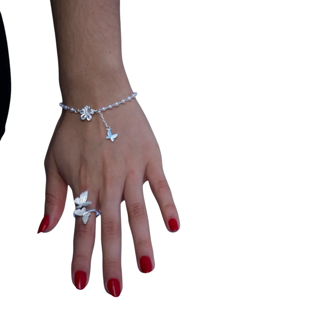 ANEL BORBOLETA DUPLA MÉDIA COM MICRO ZIRCONIA CRISTAL  Nº REGULAVEL- BANHADO A PRATA 925