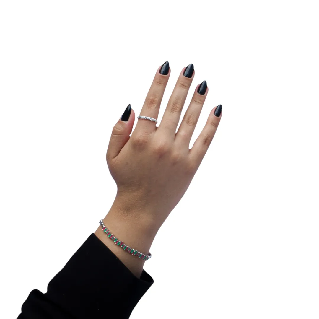 ANEL APARADOR COM FILEIRA DUPLA DE MICRO ZIRCONIA CRISTAL E BOLINHAS  Nº 22- BANHADO A PRATA 925