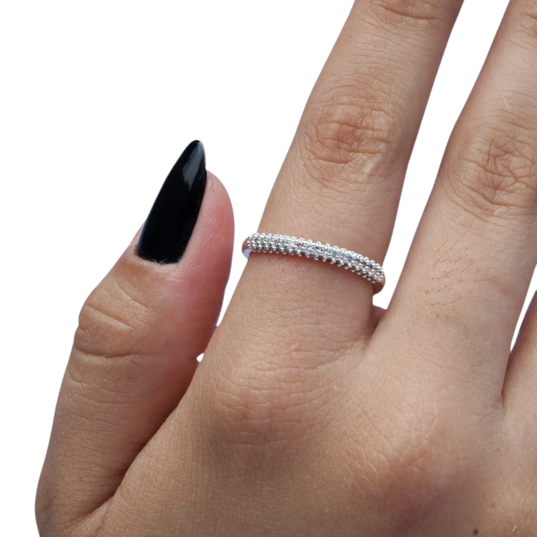 ANEL APARADOR COM FILEIRA DUPLA DE MICRO ZIRCONIA CRISTAL E BOLINHAS  Nº 22- BANHADO A PRATA 925