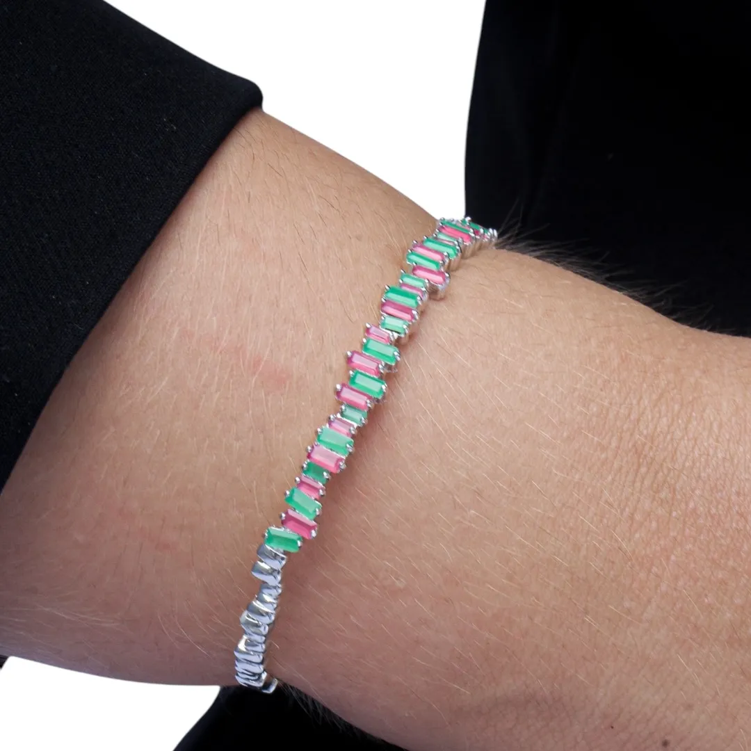 BRACELETE NAVETES DESCONSTRUÍDAS ROXO E VERDE LEITOSO  - BANHADO A RÓDIO BRANCO