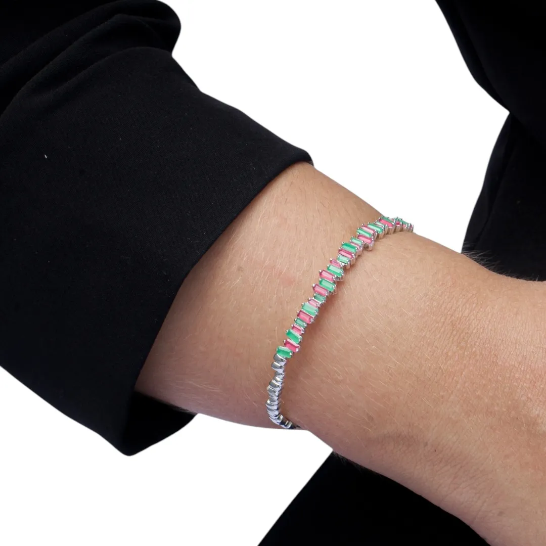 BRACELETE NAVETES DESCONSTRUÍDAS ROXO E VERDE LEITOSO  - BANHADO A RÓDIO BRANCO