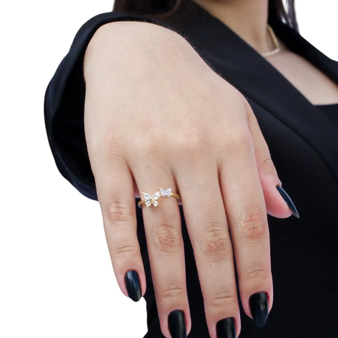 ANEL BORBOLETA DUPLA COM NAVETE E COM MICRO ZIRCONIA CRISTAL Nº 16- BANHADO A OURO 18K