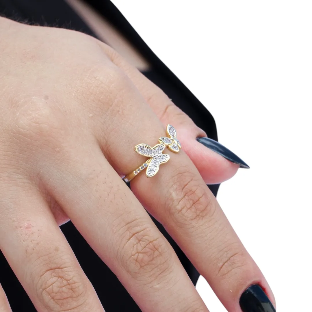 ANEL BORBOLETA DUPLA PEQUENA E MÉDIA COM MICRO ZIRCONIA CRISTAL Nº 16- BANHADO A OURO 18K