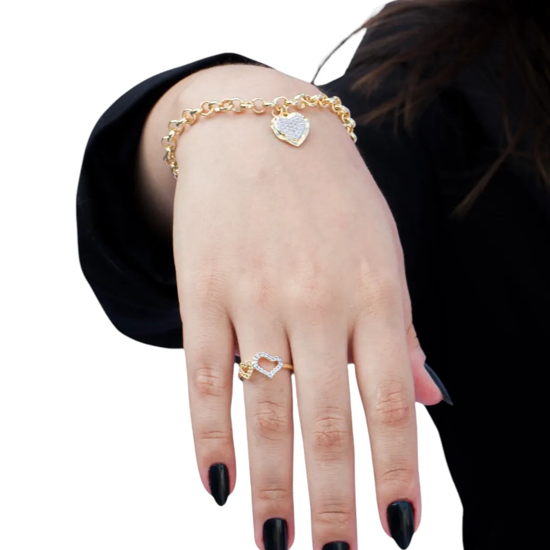ANEL COM CORAÇÃO DUPLO VAZADO E MICRO ZIRCONIA CRISTAL COM APLICAÇÃO DE RODIO BRANCO Nº 19- BANHADO A OURO 18K