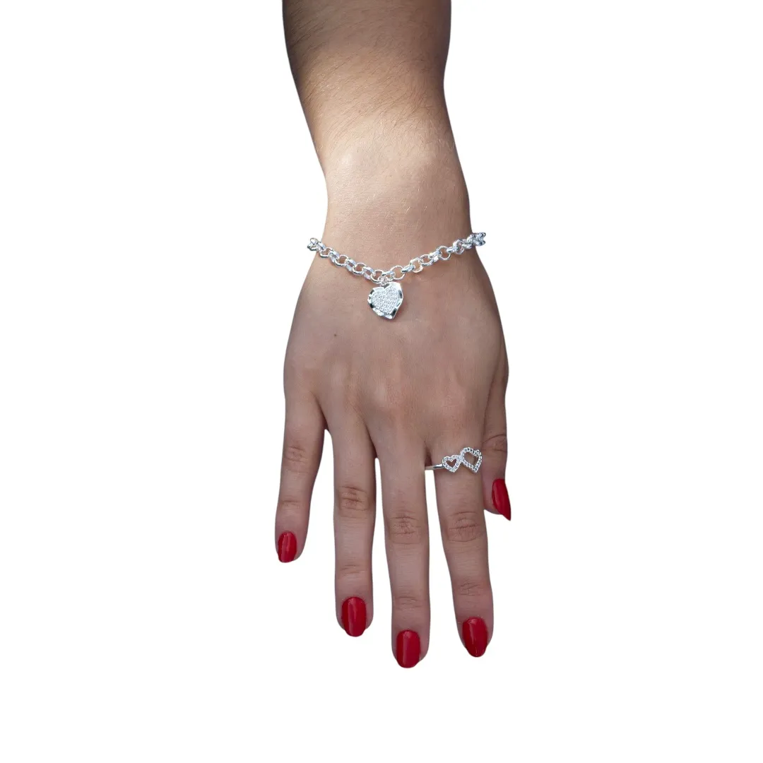 ANEL COM CORAÇÃO DUPLO VAZADO E MICRO ZIRCONIA CRISTAL Nº 21- BANHADO A PRATA 925