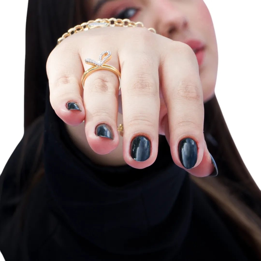 ANEL CORAÇÃO DESCONTRUIDO COM MICRO ZIRCONIA CRISTAL Nº 17- BANHADO A OURO 18K