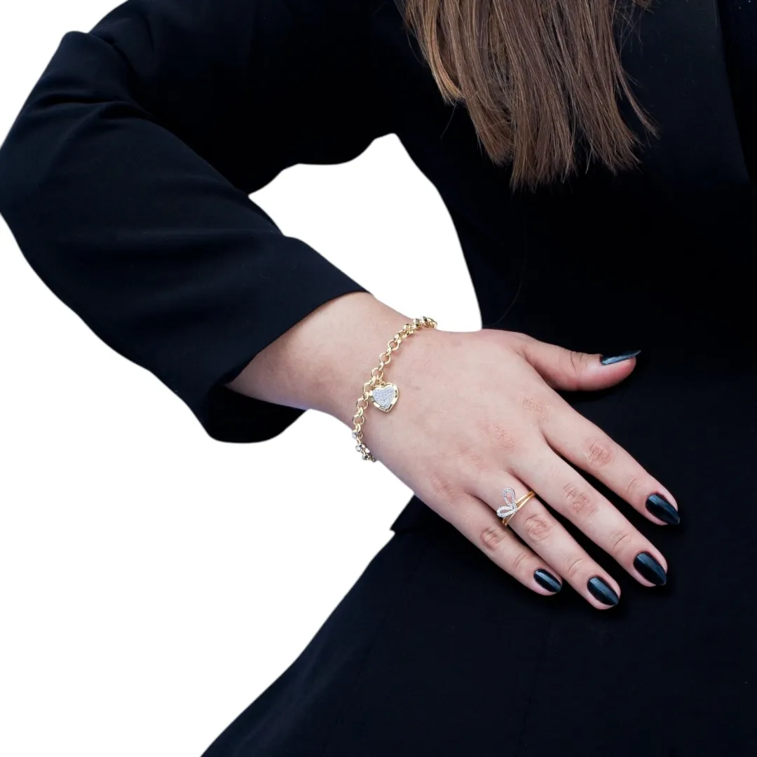 ANEL CORAÇÃO DESCONTRUIDO COM MICRO ZIRCONIA CRISTAL Nº 20- BANHADO A OURO 18K