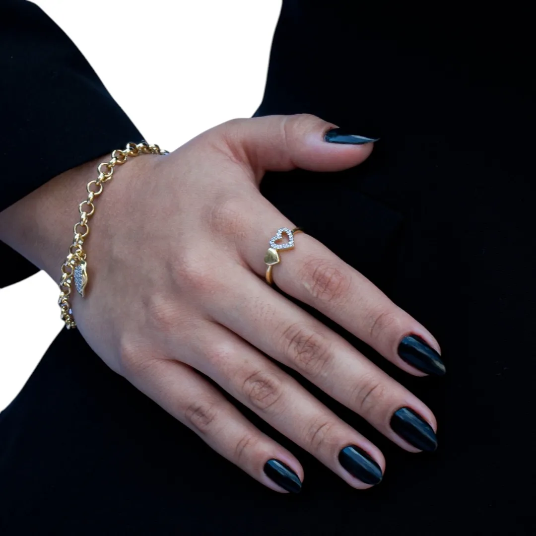 ANEL CORAÇÃO VAZADO COM MICRO ZIRCONIA CRISTAL E CORAÇÃO CHEIO LISO  Nº16- BANHADO A OURO 18K