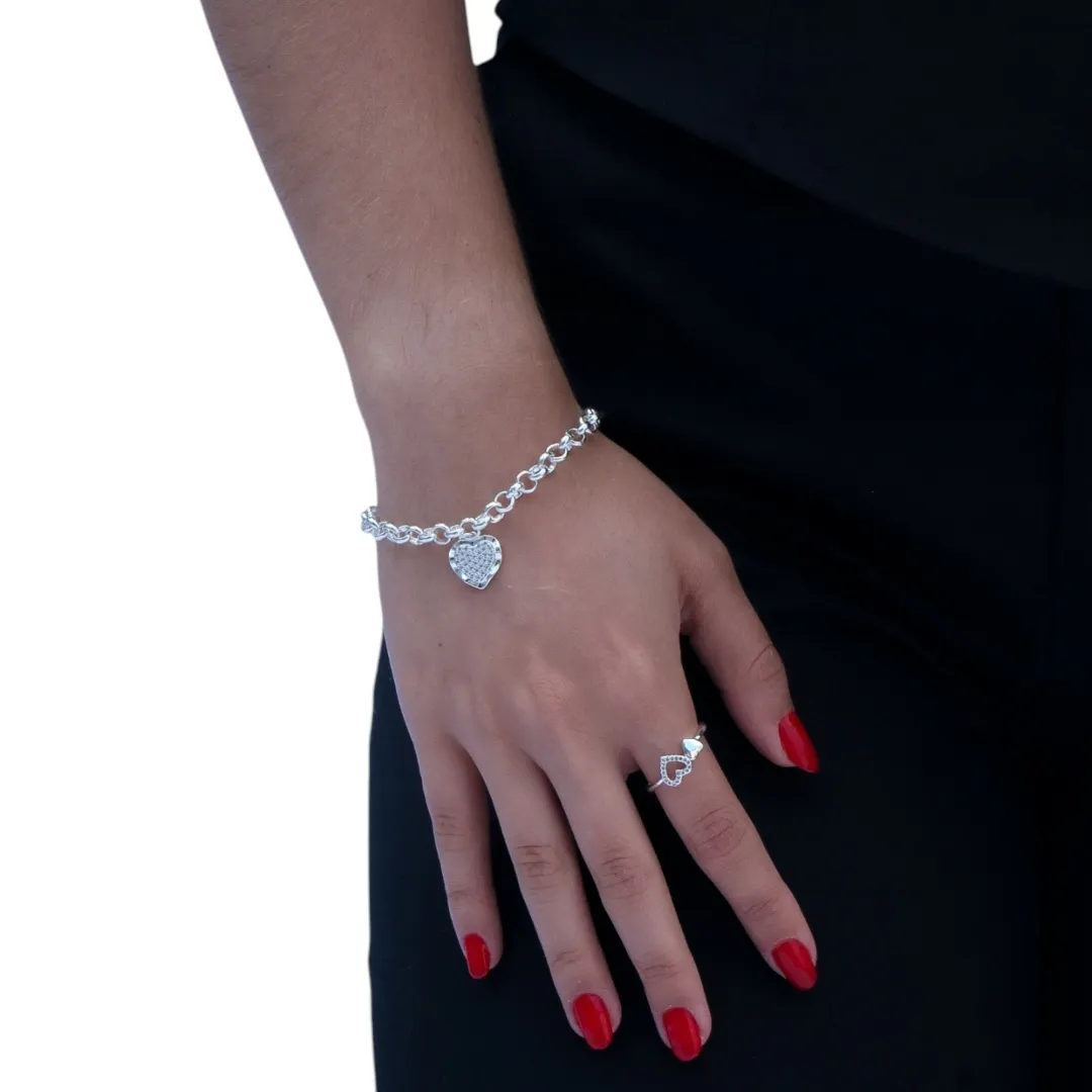 ANEL CORAÇÃO VAZADO COM MICRO ZIRCONIA CRISTAL E CORAÇÃO CHEIO LISO  Nº22- BANHADO A PRATA 925