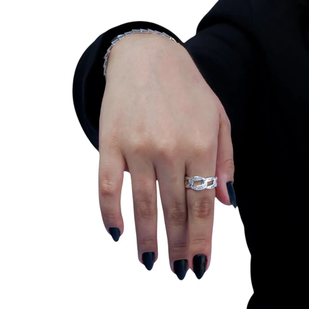 ANEL INPIRAÇÃO CARTIER ELO LARGO COM MICRO ZIRCONIA CRISTAL Nº 19- BANHADO A PRATA 925