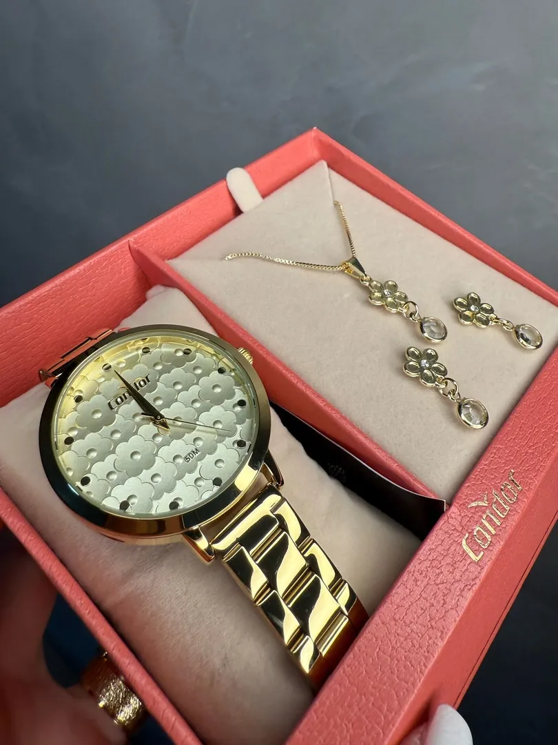 RELÓGIO CONDOR FEMININO DOURADO PULSEIRA EM AÇO INTERIOR DOURADO COM FLOR PÉROLADO + BRINDE CONJUNTO SEMIJOIAS   - COR DOURADO