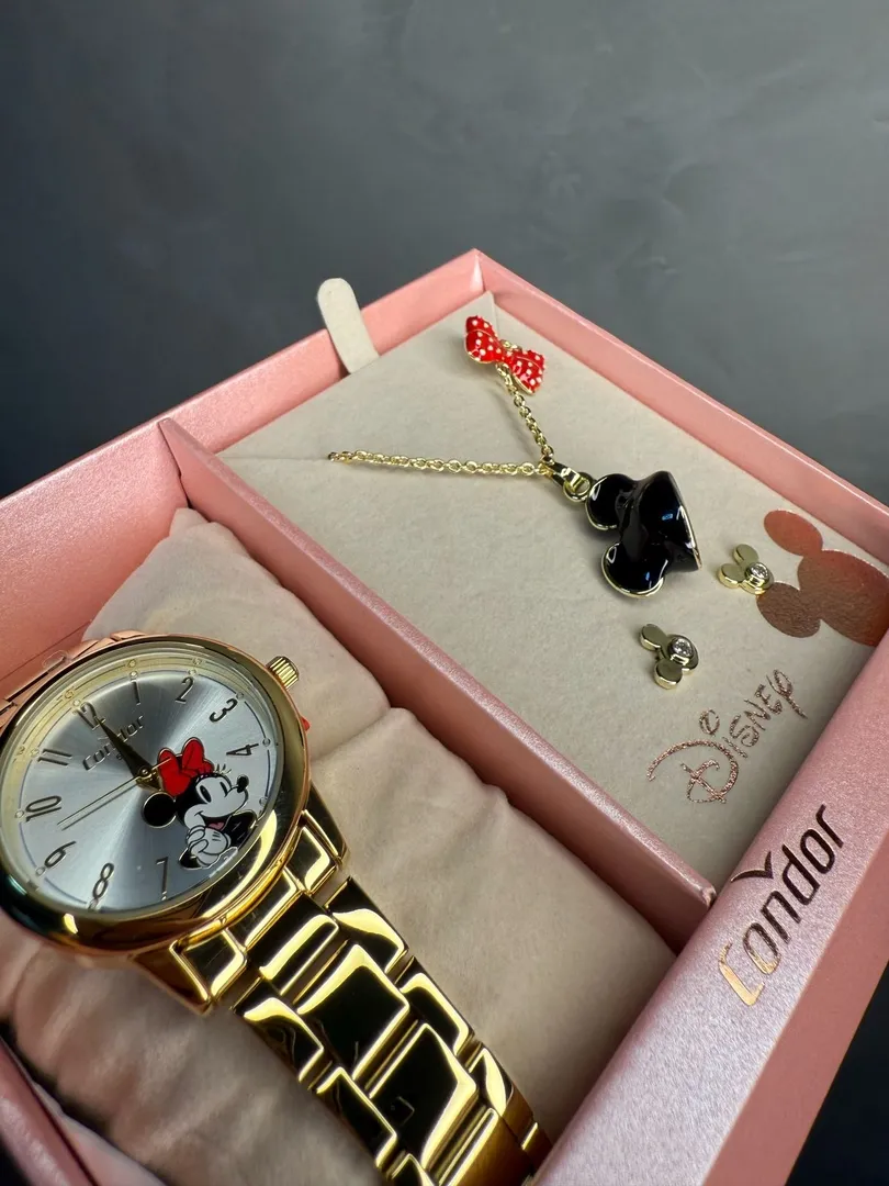 RELOGIO CONDOR FEMININO LINHA DISNEY DOURADO COM FUNDO MINNIE ACOMPANHA ACESSORIOS CORRENTE E BRINCO PERSONAGEM - COR AÇO DOURADO