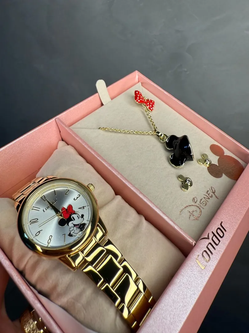 RELOGIO CONDOR FEMININO LINHA DISNEY DOURADO COM FUNDO MINNIE ACOMPANHA ACESSORIOS CORRENTE E BRINCO PERSONAGEM - COR AÇO DOURADO
