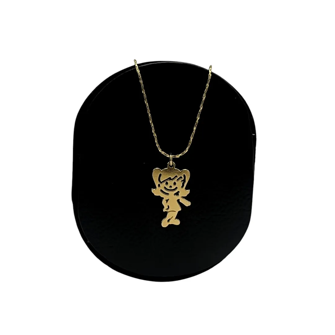 CORRENTE LAMINADA 35CM PINGENTE DESENHO MENINA LISO - BANHADO A OURO 18K