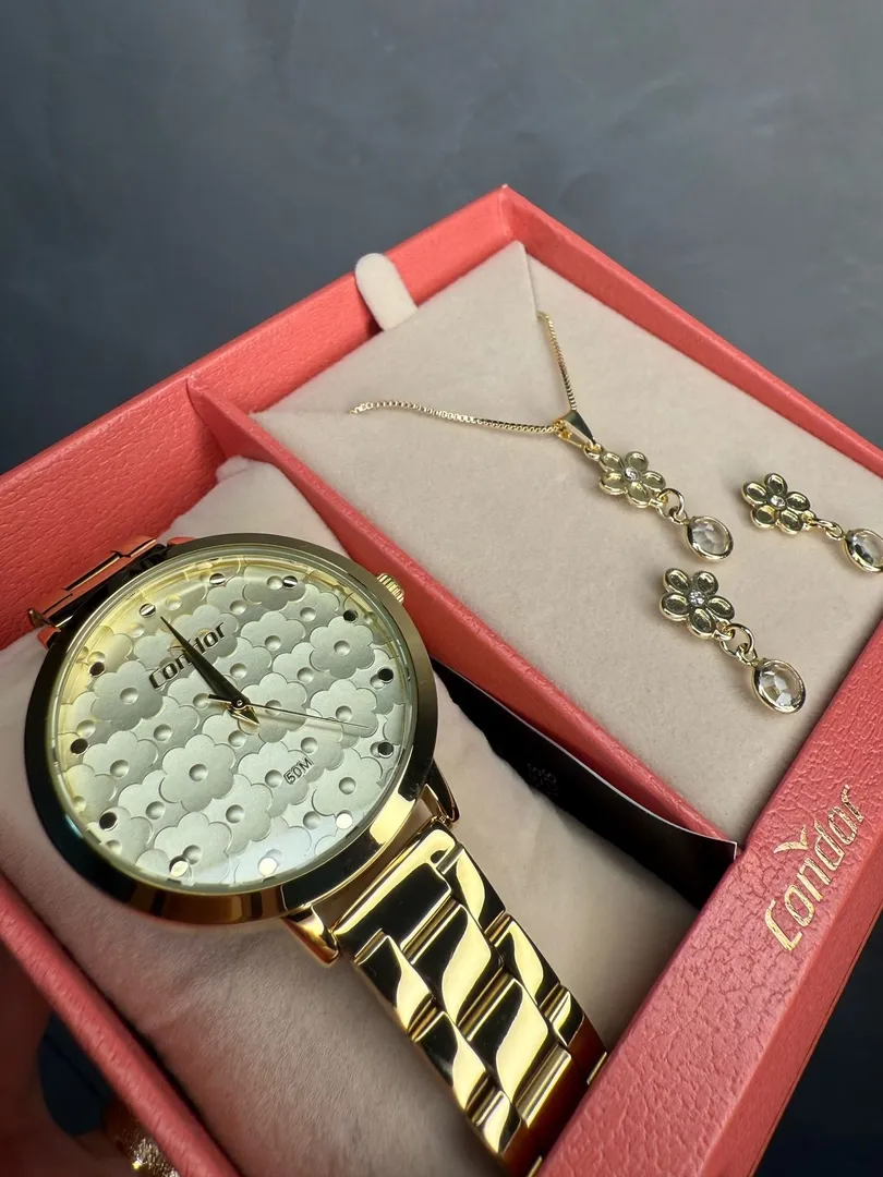 RELÓGIO CONDOR FEMININO DOURADO PULSEIRA EM AÇO INTERIOR DOURADO COM FLOR PÉROLADO + BRINDE CONJUNTO SEMIJOIAS   - COR DOURADO