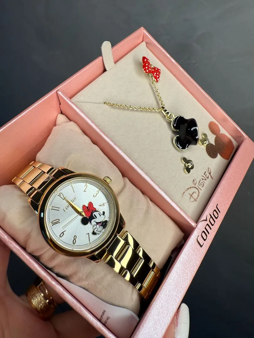 RELOGIO CONDOR FEMININO LINHA DISNEY DOURADO COM FUNDO MINNIE ACOMPANHA ACESSORIOS CORRENTE E BRINCO PERSONAGEM - COR AÇO DOURADO