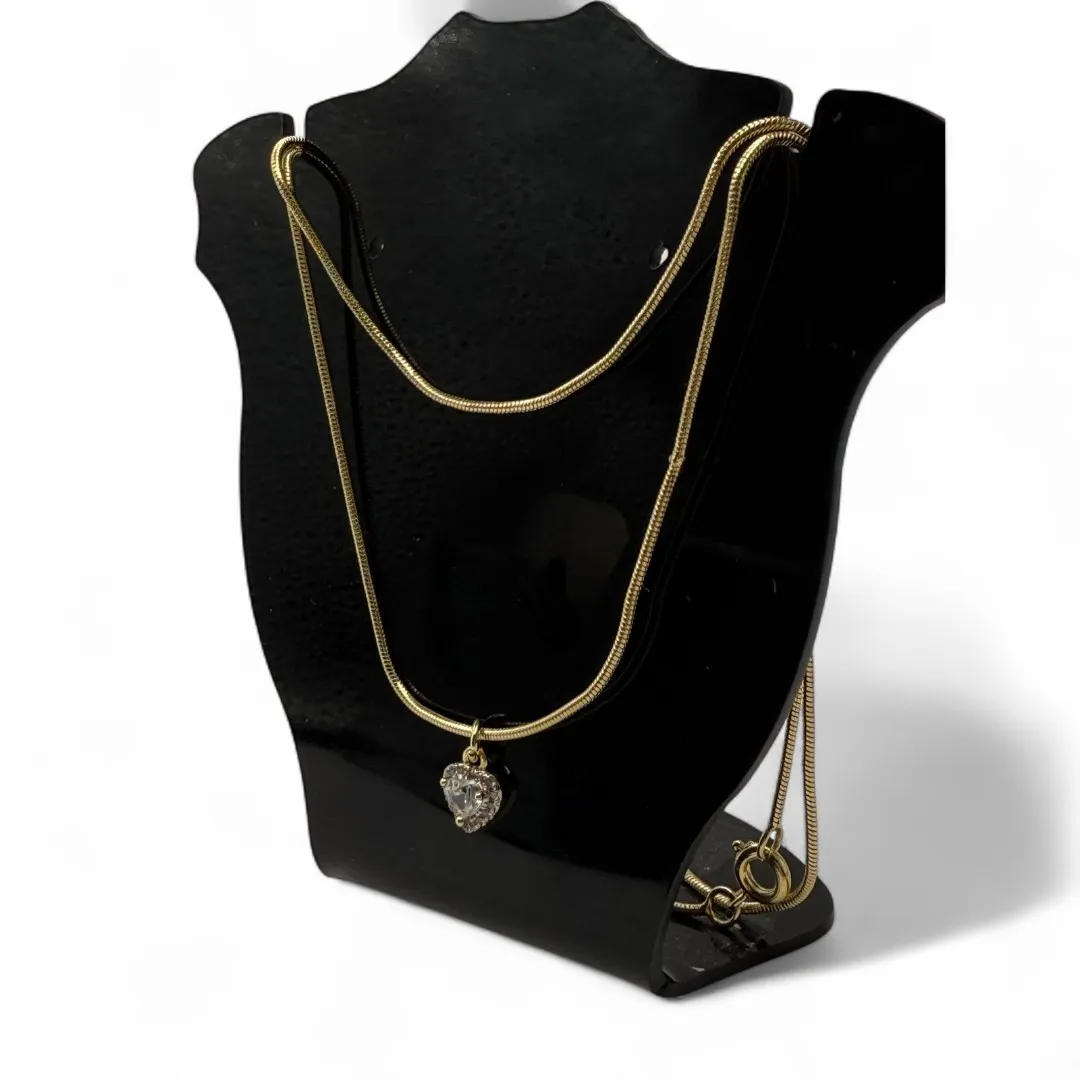 CORRENTE DUPLA RABO DE RATO 70CM COM CORAÇÃO CRISTAL-  BANHADO A OURO 18K